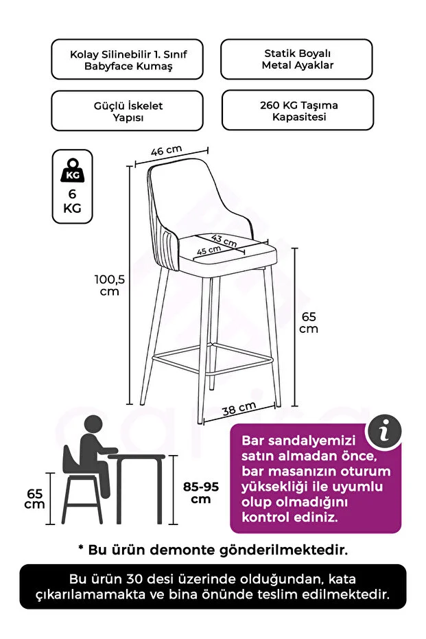 Tera Serisi 1 Adet 65 Cm Siyah Ada Mutfak Bar Sandalyesi Babyface Kumaş Siyah Metal Ayaklı
